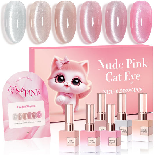Double Rhythm Cat Eye Gel Nail Polish Set of 6 Same Color Same Bottle 0.5 Oz Shimmer Glitter with Magnet Holographic Reflective Magnetic UV Nail Polish Kit at Home (Silver Nude Pink-T6-42)