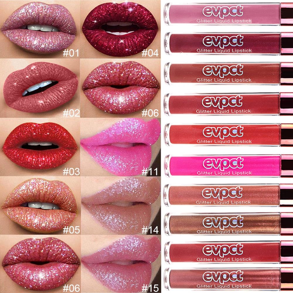 evpct 2Pcs Bronze Gold Nude Gold Matte to Glitter Liquid Lipstick Set for Women Long Lasting Glossy Metallic Shimmer Sparkle Lipstick Lip Gloss 5+14