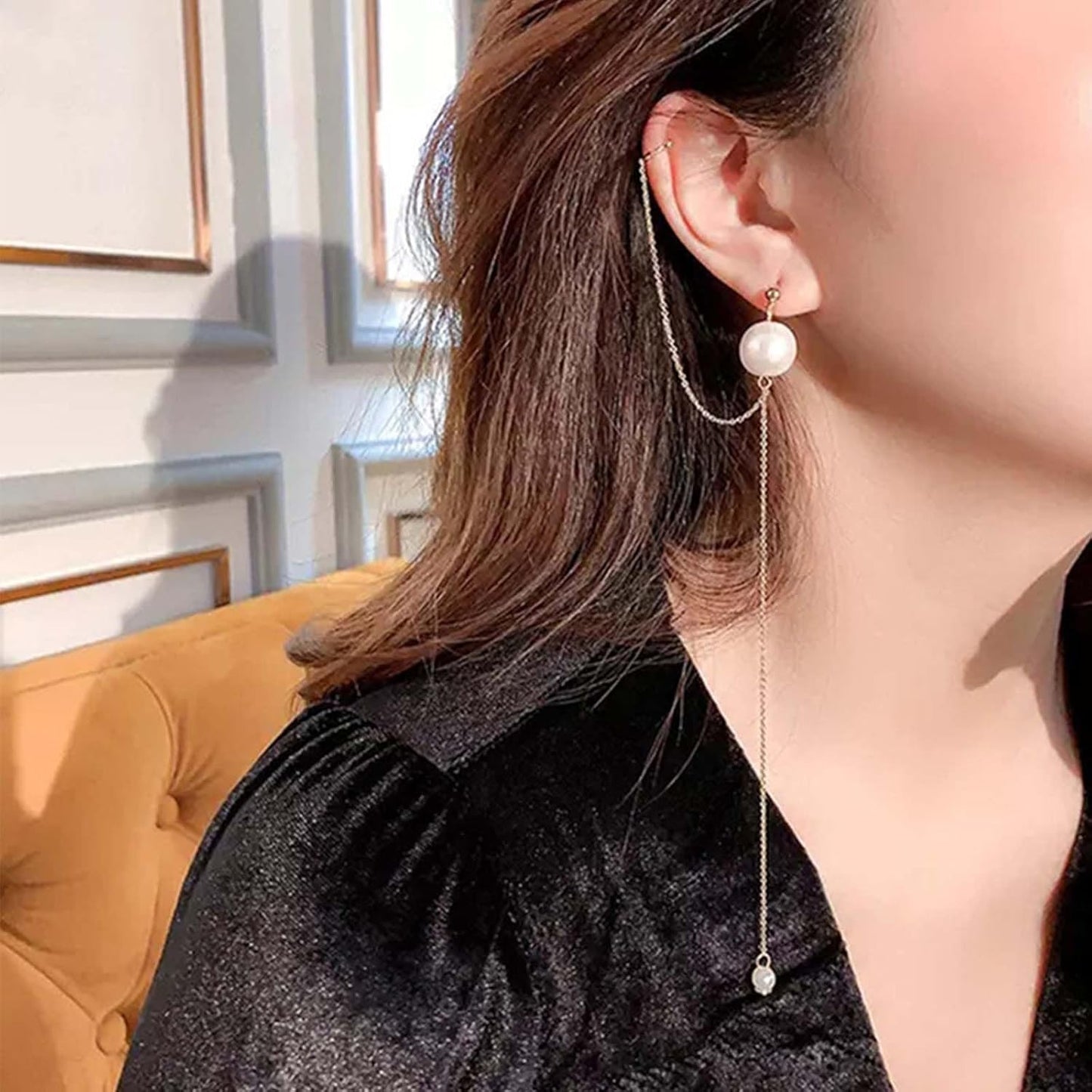 Vintage Long Pearl Drop Earrings Pearl Ear Cuff Chain Earrings Gold Long Tassel Pearl Earrings Pearl Wrap Crawler Earrings Jewelry for Women