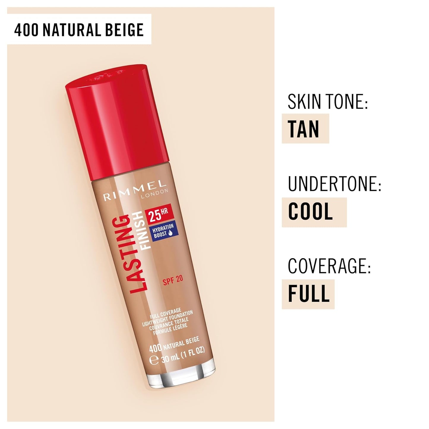 Rimmel Lasting Finish 25HR Foundation, 400 Natural Beige (Pack of 2)