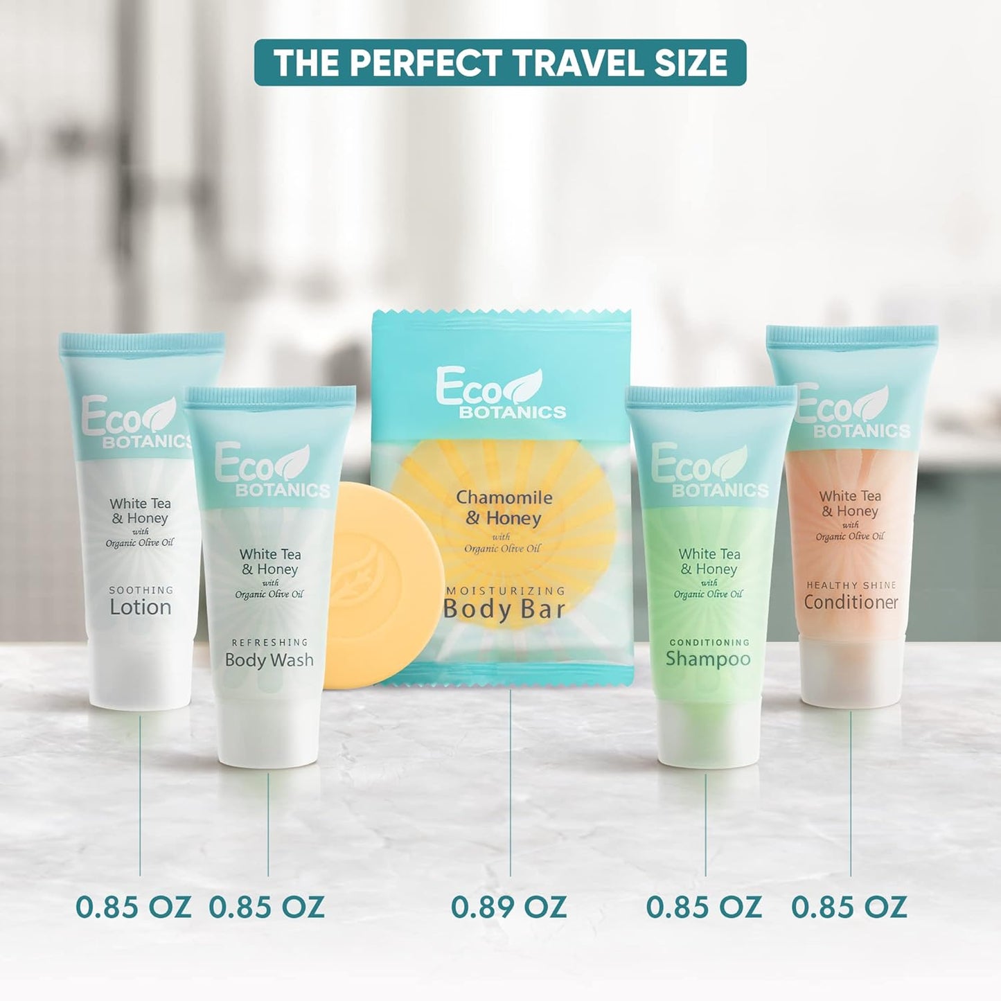 Eco Botanics Hotel Soaps & Toiletries Bulk Set | 0.85oz Hotel Shampoo & Conditioner, Body Wash, Body Lotion & Bar Soap Travel Size | 300 Pieces