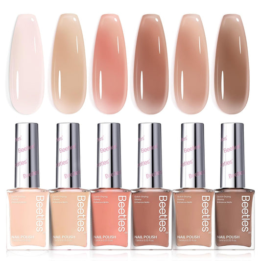 Bettles Jelly Nail Polish Set - Twilight Nude 6 Colors Quick Dry Nail Polish Kit Sheer Nude Pink Brown Regular Neutral Colors Nail Lacquer DIY Manicure Art Salon Fall Gift for Women