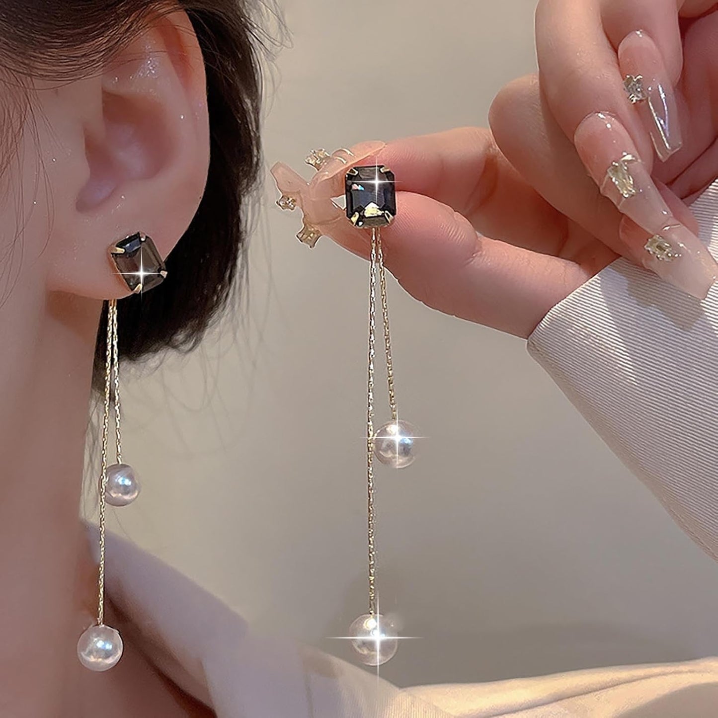 Vintage Black Crystal Pearl Drop Earrings Gold Long Tassel Pearl Earrings Rhinestone Pearl Chain Earrings Black Square Crystal Earrings Jewelry for Women