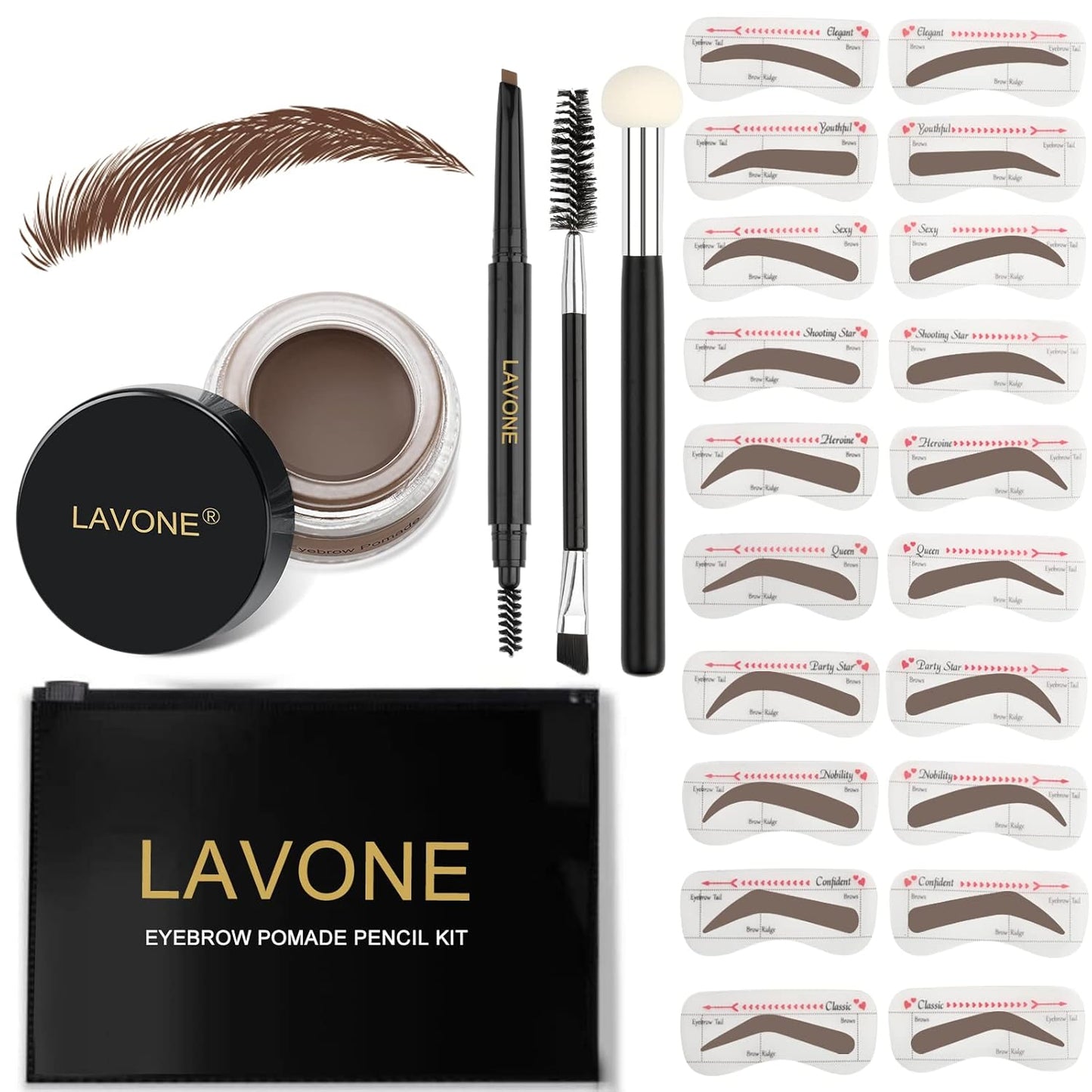 Eyebrow Stamp Stencil Kit for Eyebrows, Brow Stamp Trio Kit with Waterproof Eyebrow Pencil, Eyebrow Pomade, 20 Eyebrow Stencils, Dual-ended Eyebrow Brush and Sponge Applicator - Black Brown