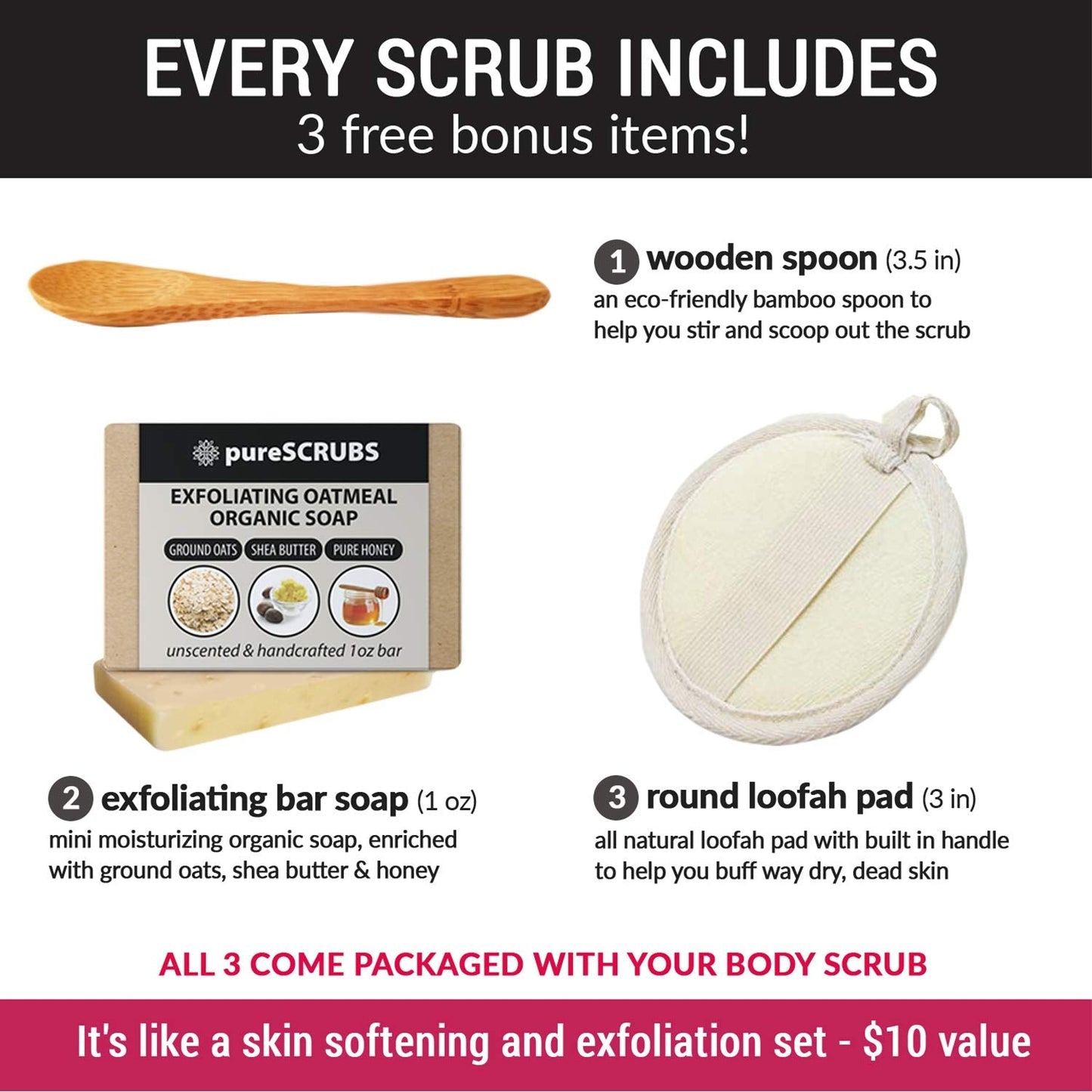 pureSCRUBS Premium Coconut Body Scrub Set - Large 16oz Dead Sea Salt Body Scrub With Infused Essential Oils & Nutrients, Includes Wooden Spoon, Loofah & Oatmeal Exfoliating Bar Soap