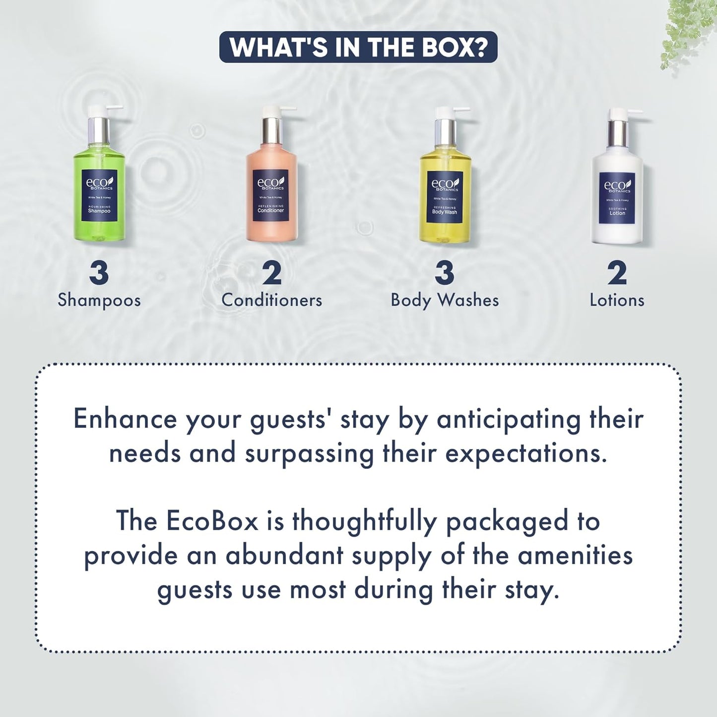 1-Shoppe Eco Botanics 10 Piece Ecobox All-In-Kit | White Tea and Honey Soap | 3 Shampoo, 2 Conditioner, 3 Body Wash & 2 Lotion | 10.14oz Hotel Soaps and Toiletries Bulk | Personal Care Products