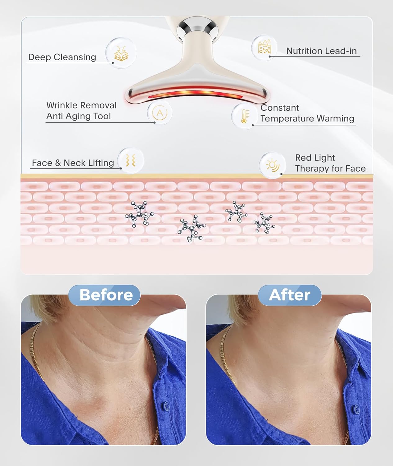 Red Light Therapy for Face and Neck, 7 Color Beauty Face Massager Tool, Vibrating Facial Massager with Thermals for Wrinkles, Double Chin, Glossy White
