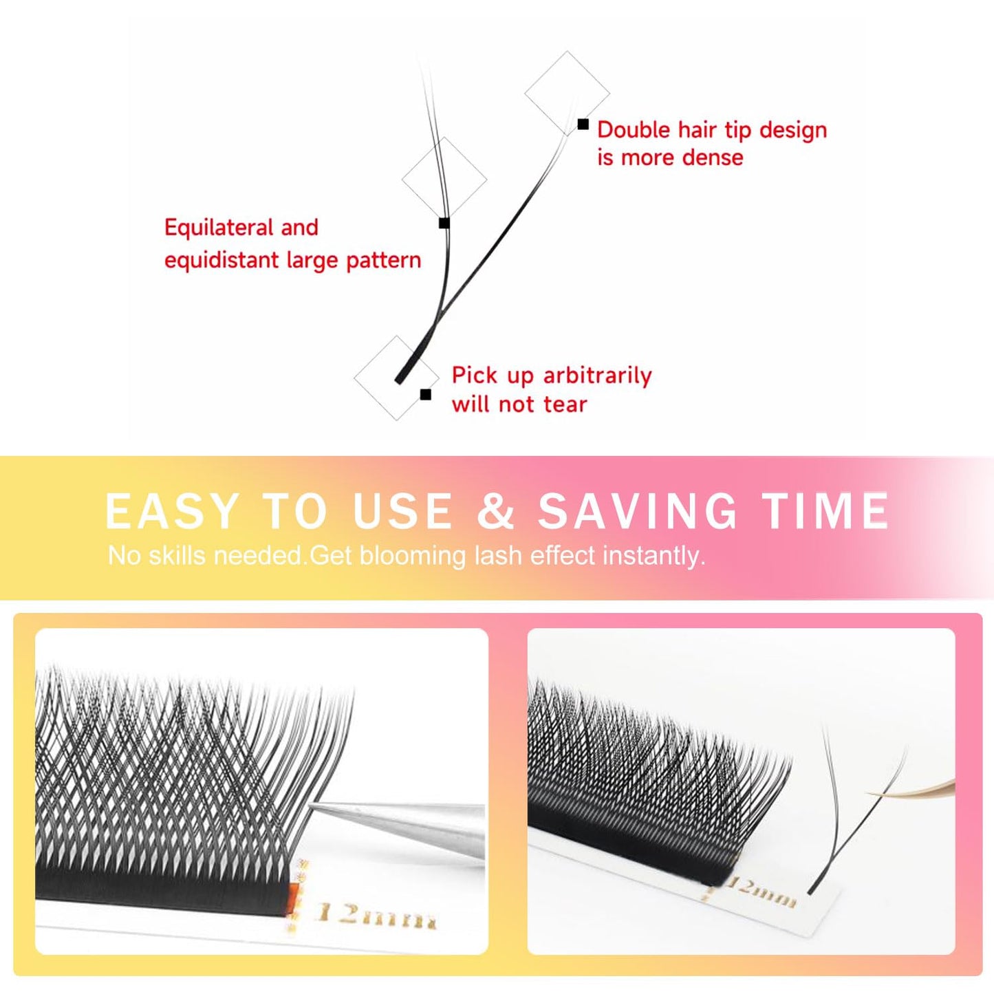 YY Lash Extensions Supplies Y Eyelash Extensions 0.07mm Thickness C Curl 15mm Premade Fans 4D Russian Volume Matte Black 12 Rows Crisscross Eye Lashes(YY-0.07-C,15mm)