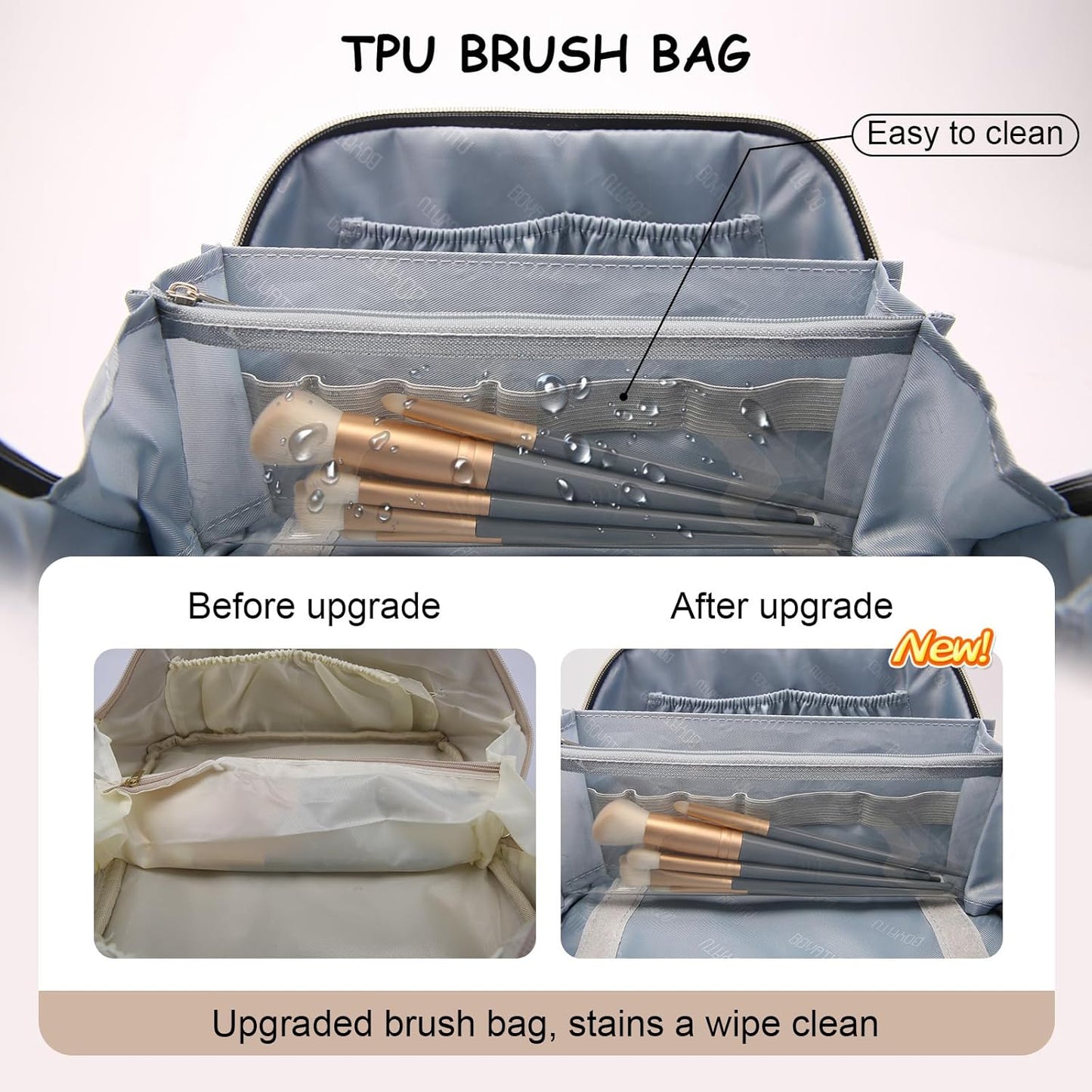 BOYATU Travel Makeup Bags Cosmetic Organizer Bag: 3-Set Large Capacity Make up Bag - PU Leather Toiletry Bags for Women - Wide Open Portable Pouch with Divider & Handle (02-Light Brown)
