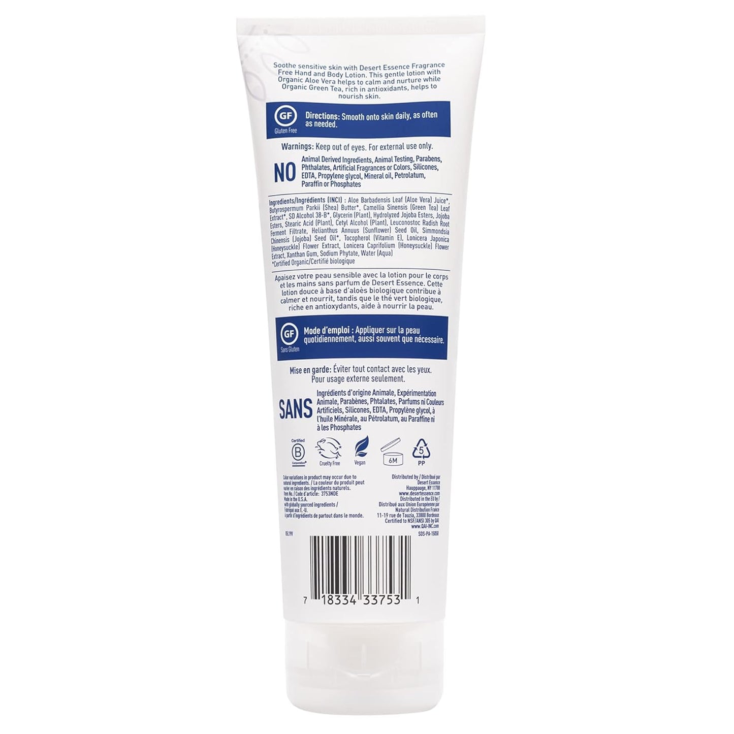 Desert Essence Fragrance Free Hand & Body Lotion - 8 Fl Ounce - Soothing - Aloe Vera - Shea Butter - Green Tea - Coconut Oil - Jojoba Oil