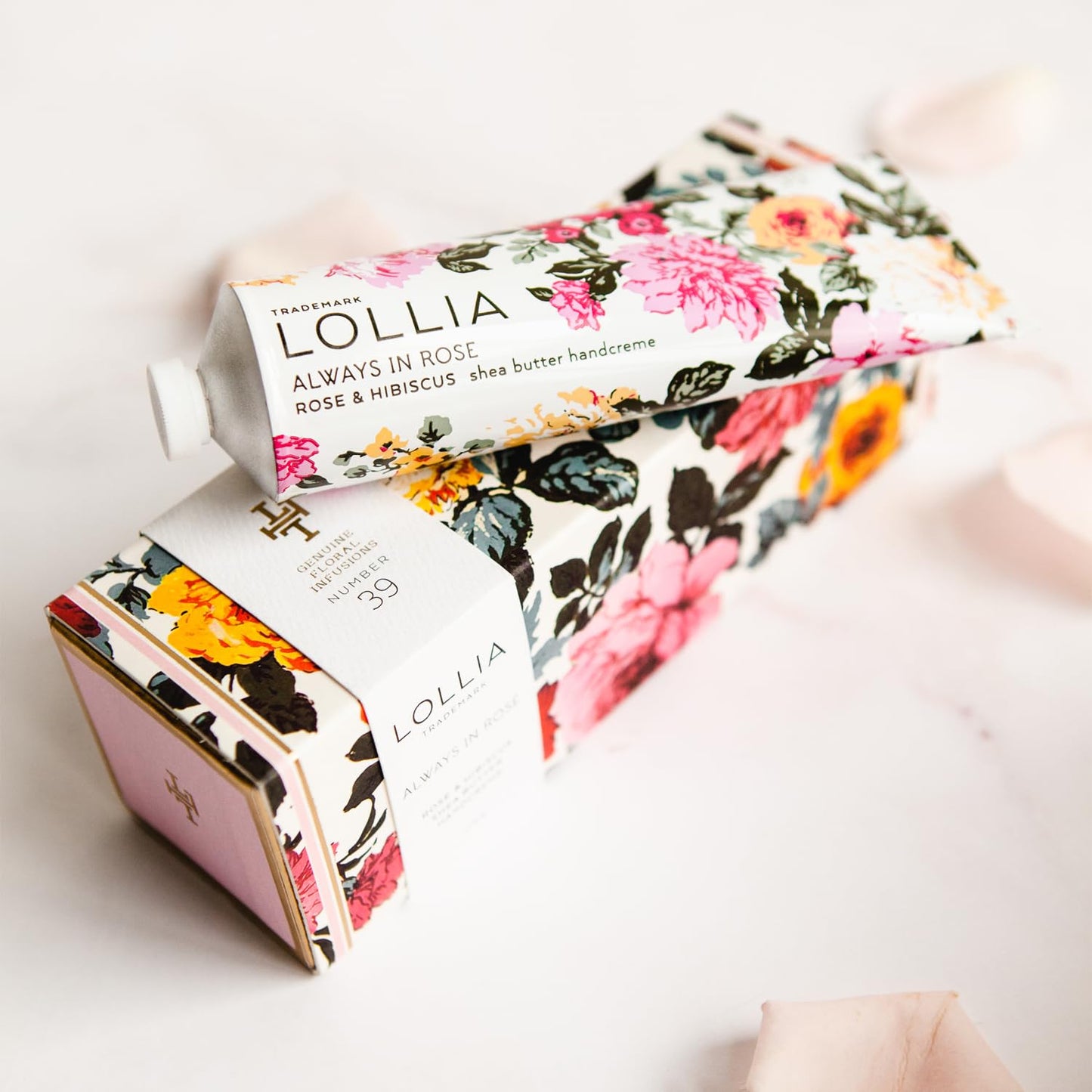 LOLLIA Always in Rose Handcreme, 4 oz., Rose & Hibiscus Scented Hand Cream for Women, Moisturizing Luxury Skin Care for Dry Hands with Shea Butter & Cocoa Butter, Quick Absorbing Lotion