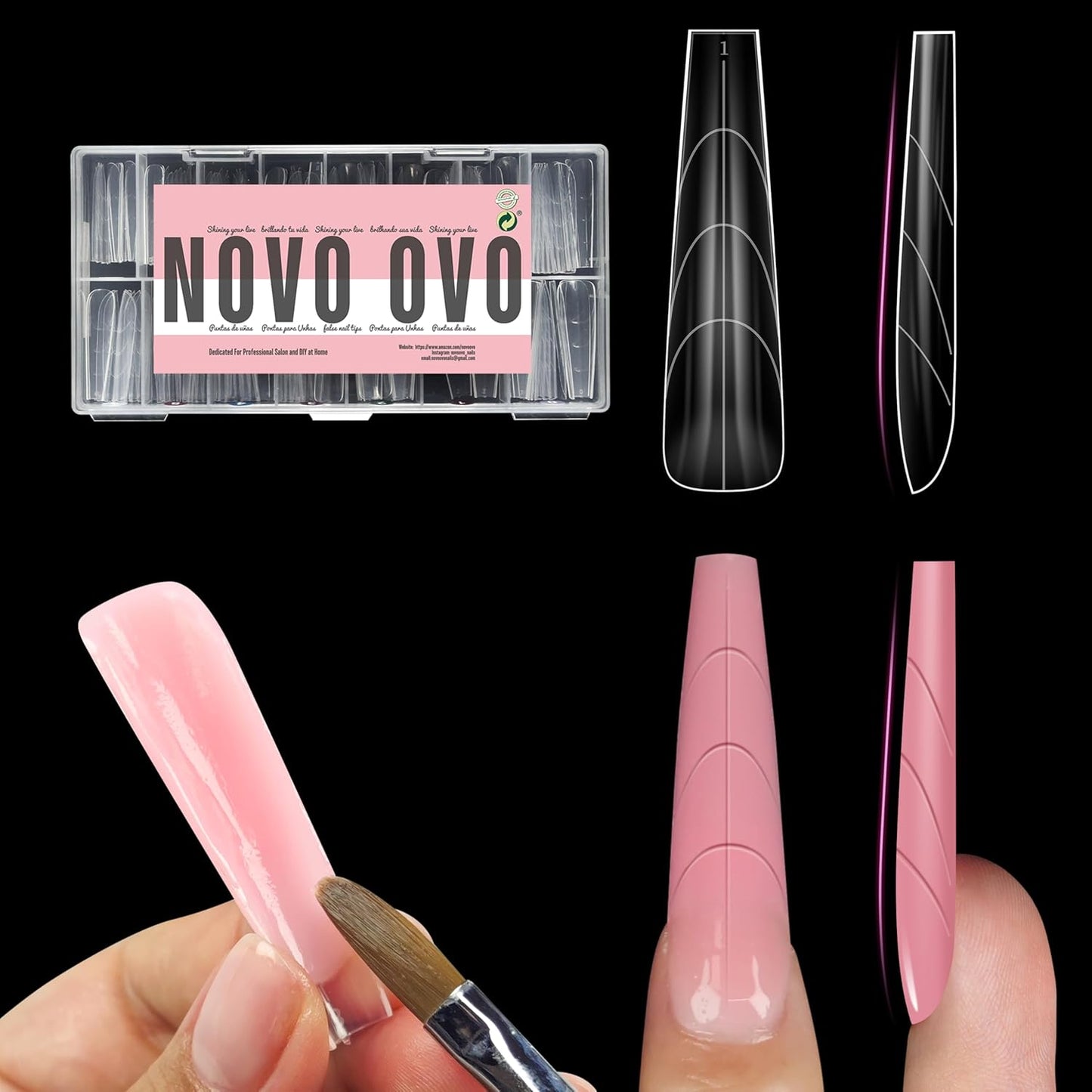 Tapered Square (Natural not Sculpted) Nail Dual Forms for Poly Gel Extension with Guiding Line Inside, XL XXL Reusable Full Cover Acrylic Builder Hard Gel Polygel Molds x 15 sizes 150 Pcs