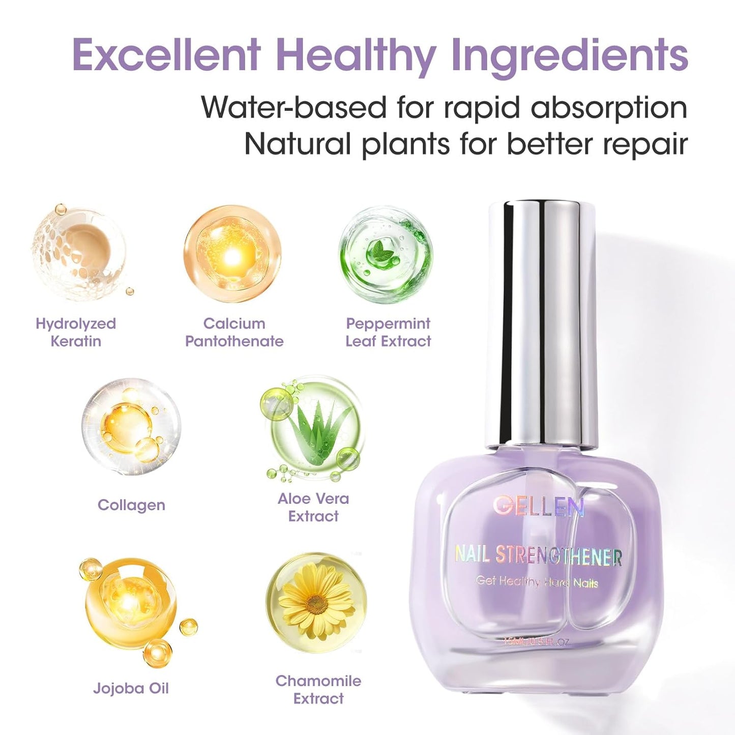 Gellen Nail Strengthener, 8-In-1 Nail Repair Growth Protein Treatment for Thin Weak Brittle Damaged Imperfect Nails, Air Dry Calcium Keratin Nourish Ridge Filler Nail Care, Lavender Scent