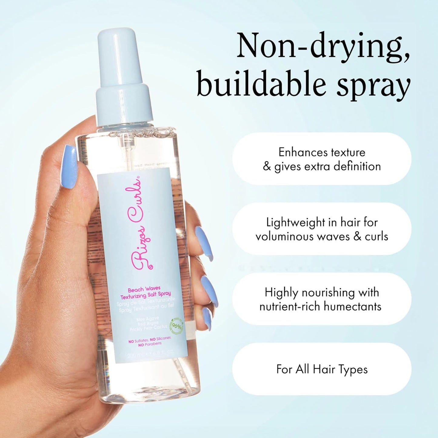 Rizos Curls Beach Waves Texturizing Salt Spray, Enhance Texture & Volume, Nourish and Enhance Definition with Blue Agave Extract, Red Algae & Prickly Pear Cactus, 6.8 oz