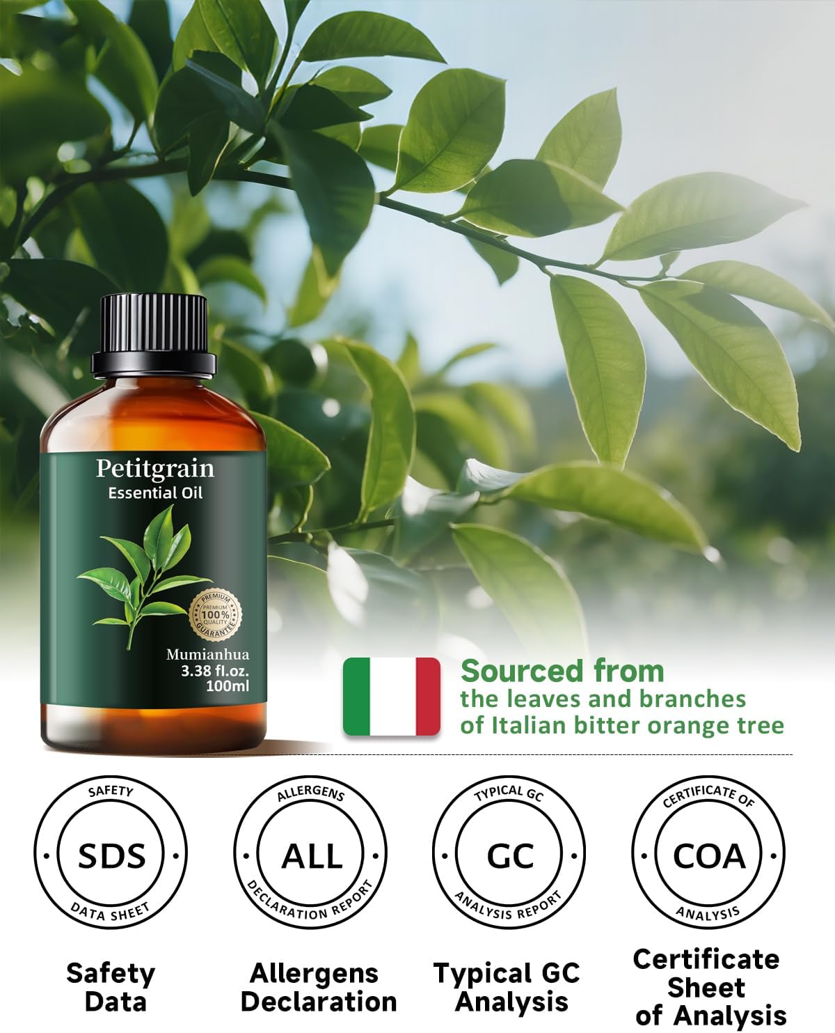 Petitgrain Essential Oil Pure Mumianhua Natural Petitgrain Oil for Diffuser, Humidifier, Skin, Hair, Aromatherapy, Massage, Soap, Candle Making 3.38 Fl Oz