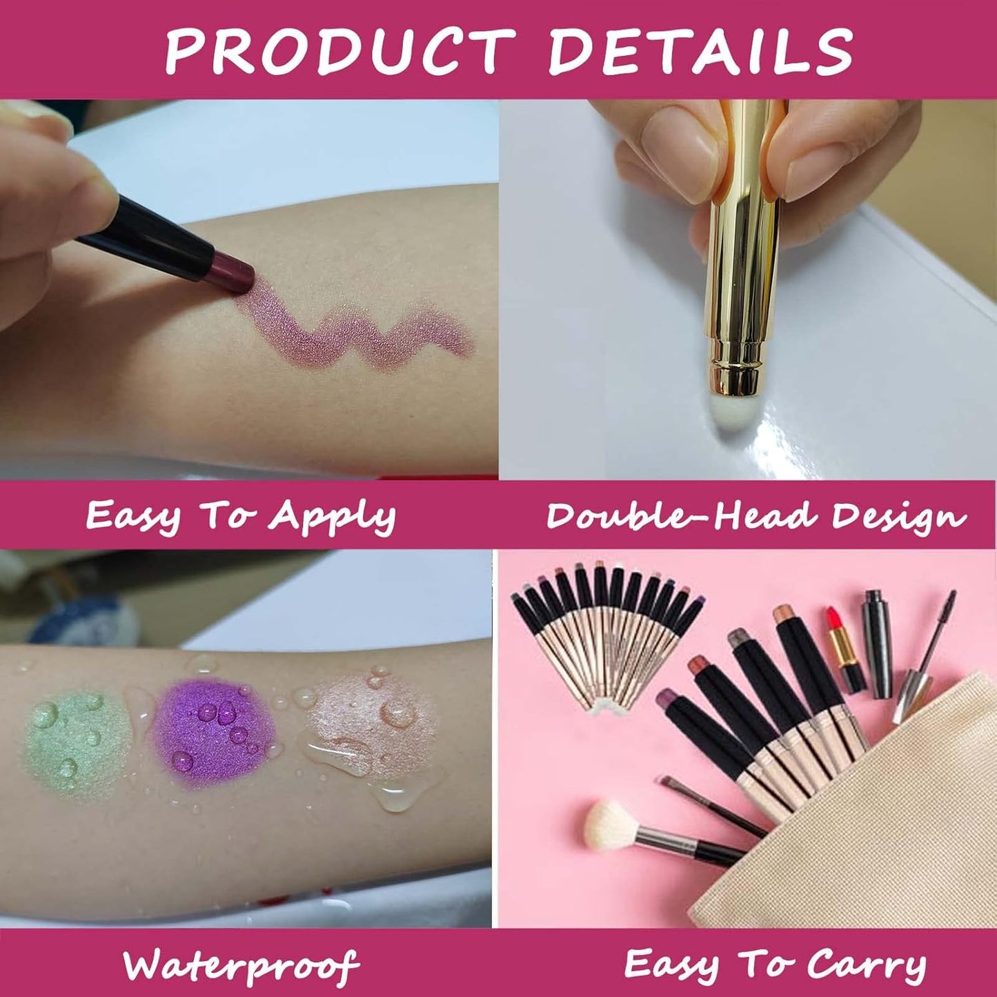 Light Gold Eyeshadow Stick Makeup, Waterproof Hypoallergenic Long Lasting Crayon, Glitter Primer Palette Shimmer Eyeliner Pen with Soft Brush