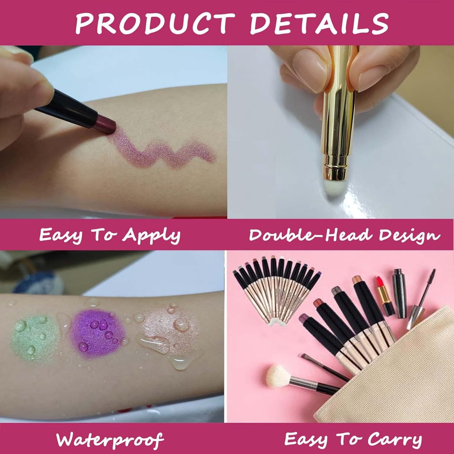 Pink Eyeshadow Stick Makeup, Highlighter Matte Cream Eye Shadow Pencil, Waterproof Hypoallergenic Long Lasting Crayon, Glitter Primer Palette Shimmer Eyeliner Pen wiht Soft Brush