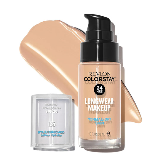 Revlon Liquid Foundation, ColorStay Face Makeup for Normal & Dry Skin, SPF 20, Longwear Medium-Full Coverage with Natural Finish, Oil Free, 135 Vanilla, 1 Fl Oz