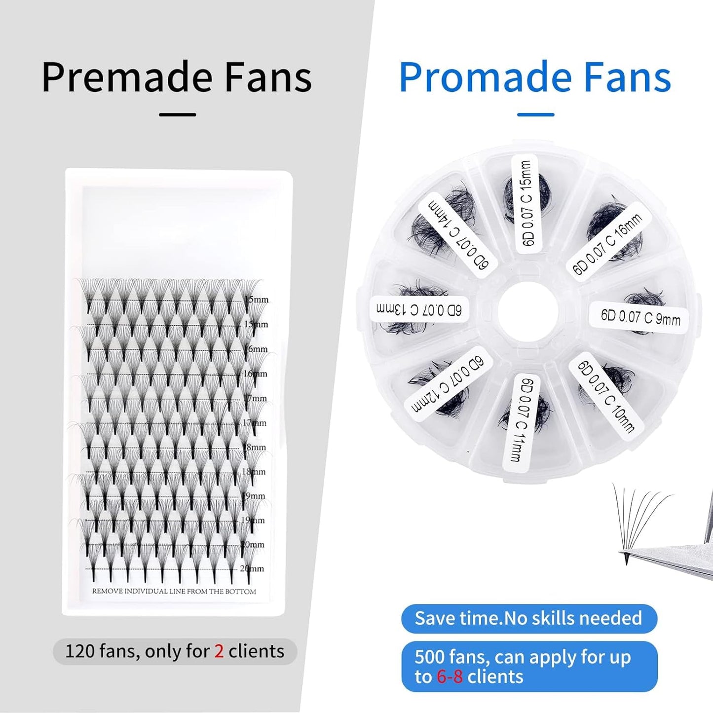 Pre-made Fans for Eyelash Extension 500+6D D Curl Handmade Loose Volume Lashes9-16mm
