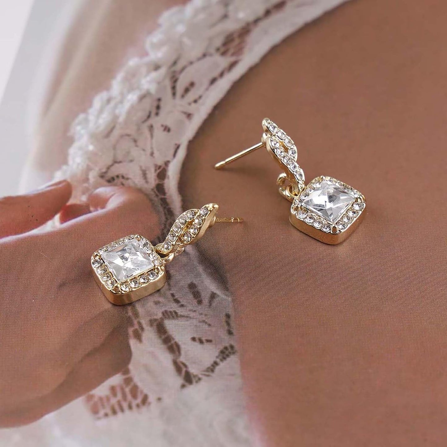Vintage Crystal Square Drop Earrings Gold Cz Square Stud Earrings Rhinestone Square Dangle Earrings Geometry Cz Earrings Jewelry for Women