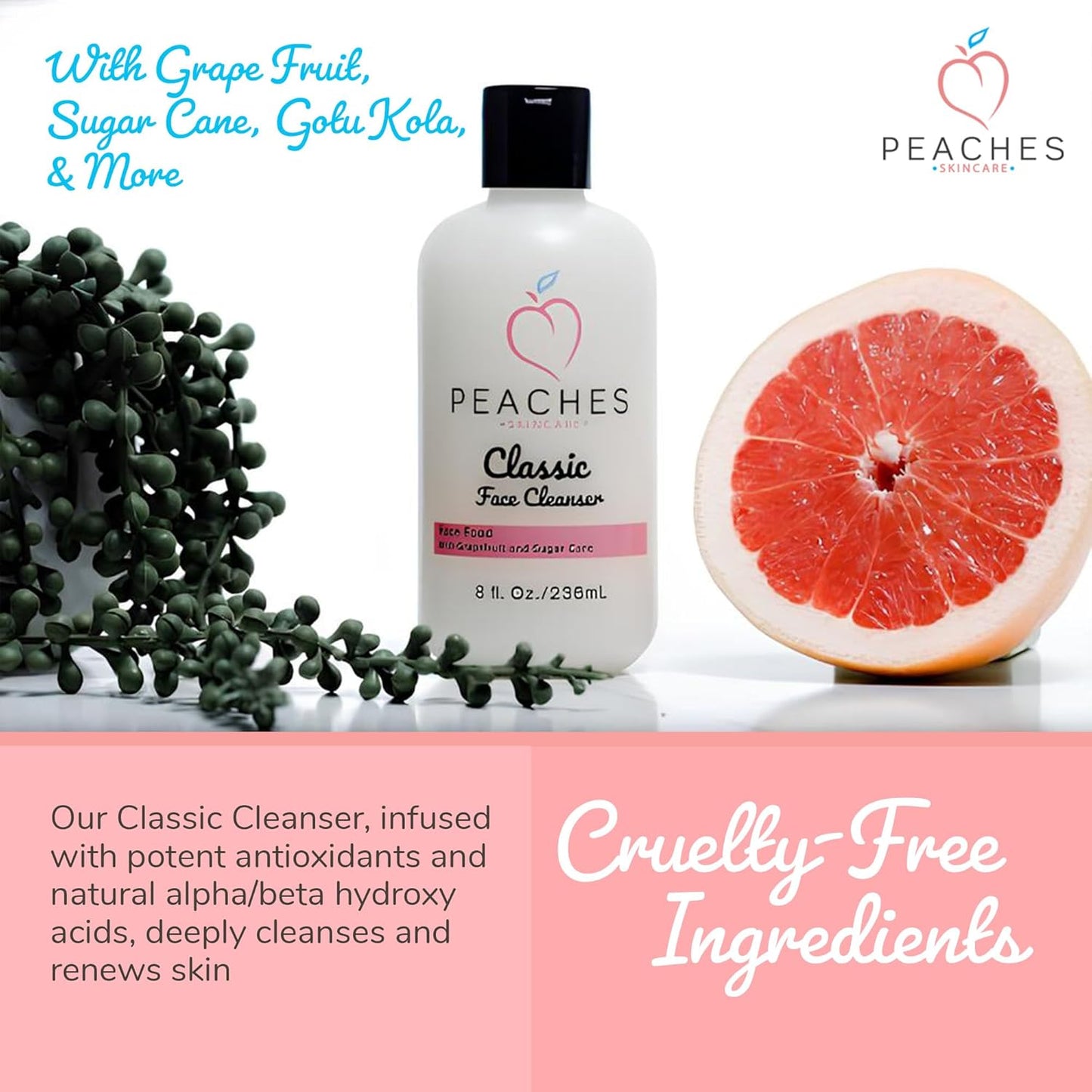 Hydrating Facial Cleanser – Gentle Daily Face Wash with Grapefruit, Sugar Cane, and Gotu Kola – Lightly Exfoliating Vegan Formula for All Skin Types – Classic Cleanser (8 oz)