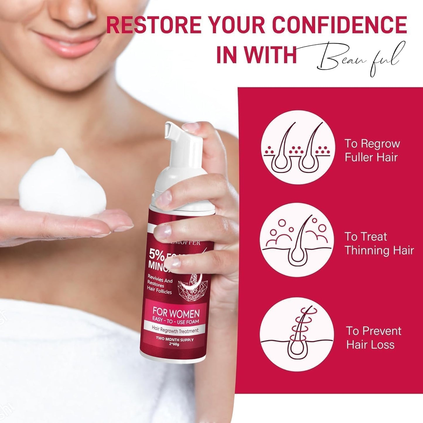 5% Minoxidil Foam for Women Hair Growth: Hair Regrowth Treatment for Women, Reduce Hair Thinning & Hair Loss, Nourish Scalp, Thicker & Fuller Hair, 2 x 60g (2-Month Supply)