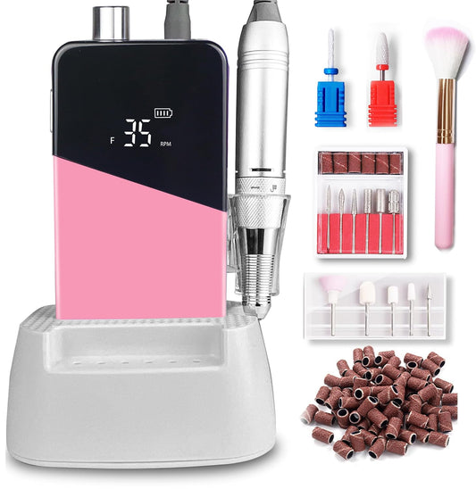 Professional Cordless Nail Drill Machine - Rechargeable Electric Nail File, 35,000 RPM Efile for Acrylic Gel Nails, Pedicure & Manicure Tools with LCD Screen, 13 Drill Bits (Pink)
