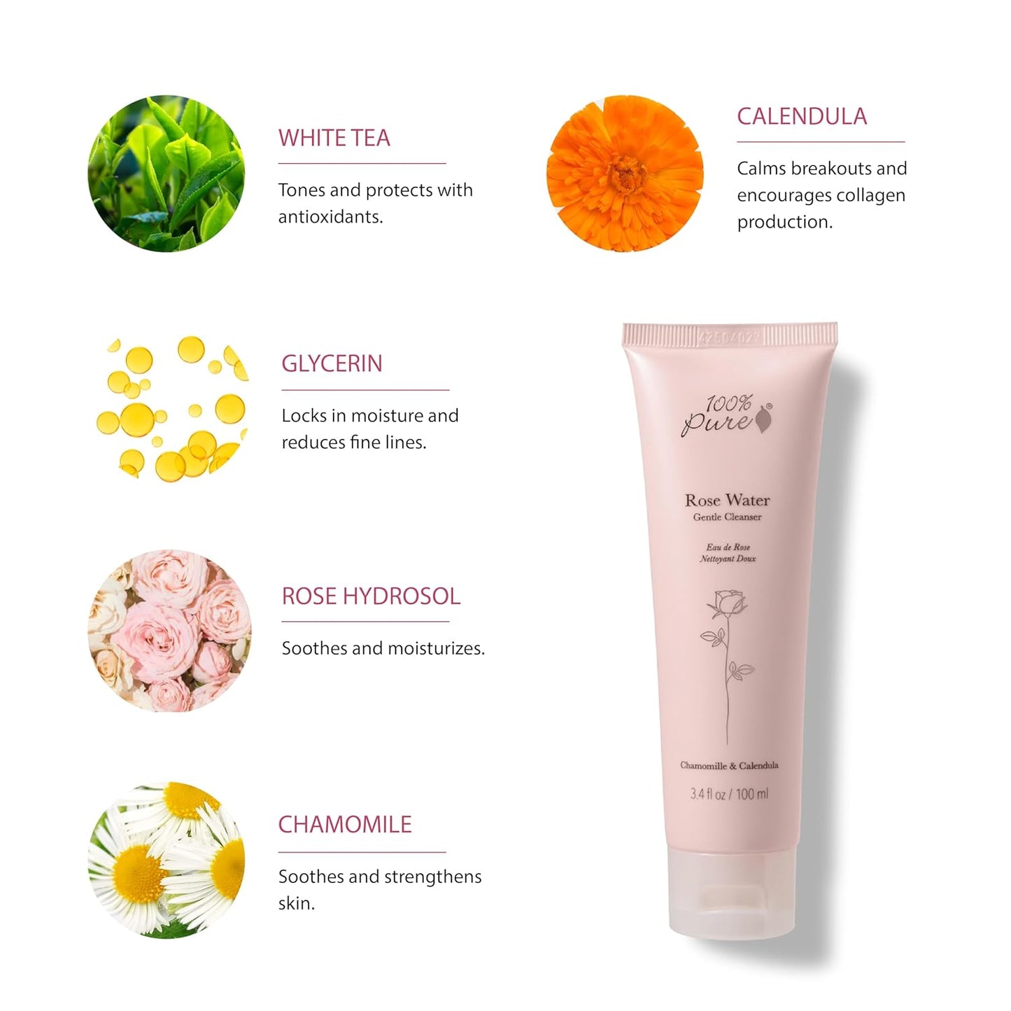 100% PURE Rose Water Gel Cleanser Deeply Moisturizing Hydrating Face Wash with Chamomile & Calendula to Soothe & Replenish Dry, Dehydrated Skin - Vegan - 3.4oz