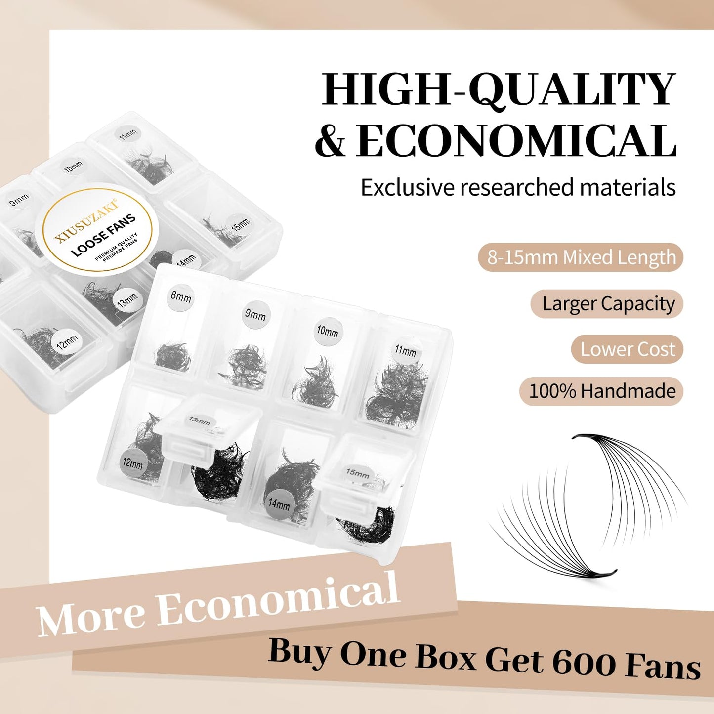 Premade Fans Eyelash Extensions - 600 Fans, 14D Volume, 0.03 Thickness, D Curl, Mix 8-15mm