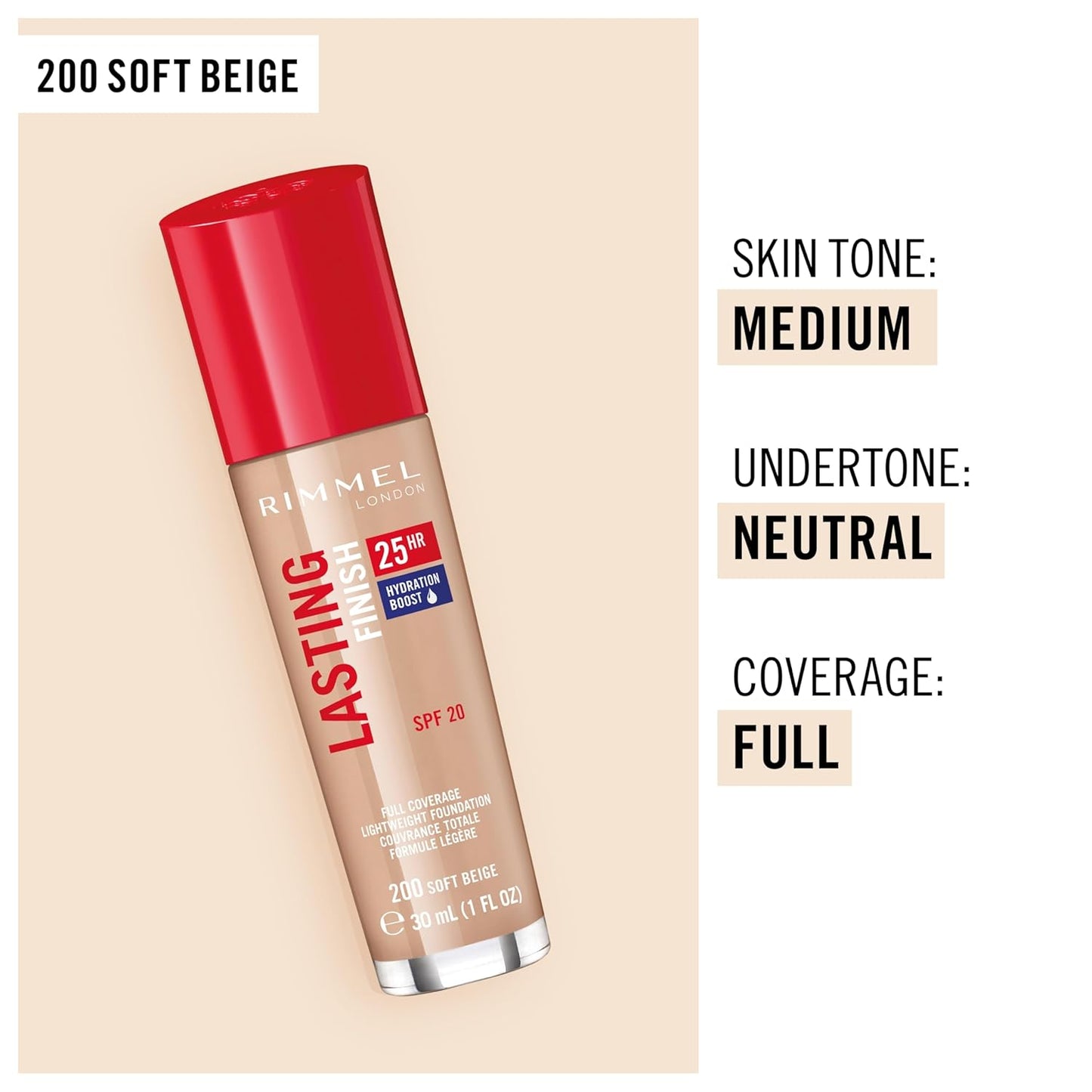 Rimmel London Lasting Finish 25HR - 200 Soft Beige - Foundation, 25-Hour Wear, Full Coverage, Waterproof, 1oz