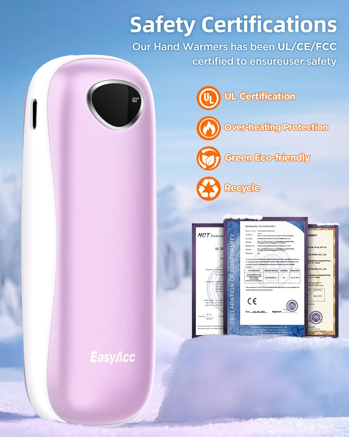 EasyAcc® Pocket Size Hand Warmers Rechargeable, Golf Hunting Hand Warmers, Real 16 Hrs Warmth, Heat Up to 131℉, UL Certified, Gloves Fitting, Golf Raynauds Skiing Essentials, Gifts Women Men