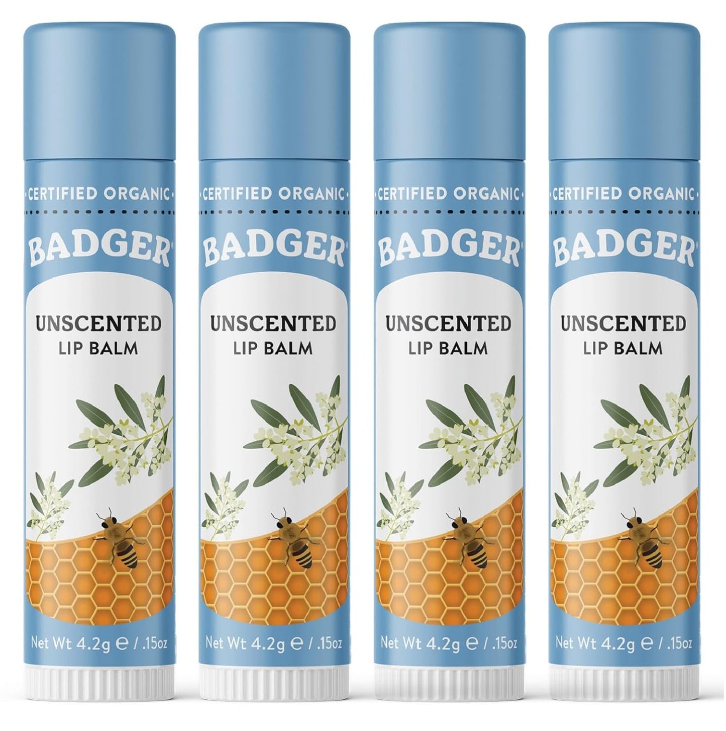 Badger Unscented Classic Lip Balm, 100% Organic Lip Balm for Sensitive Lips, Long Lasting Lip Moisturizer w/Light Silky Texture, 4 Pack