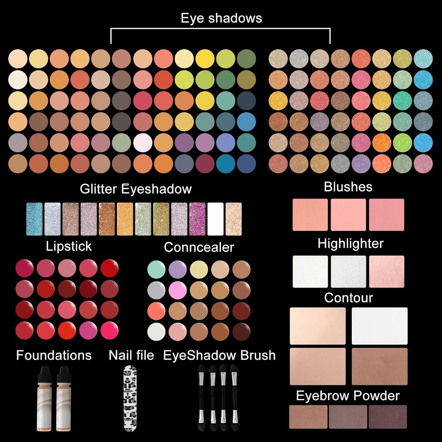 M 187 Colors Professional Makeup Palette - All-in-One Kit With Eye Shadows, Lipsticks, Mascara, Foundations, Blushes, Brow Pencils, Nail File - Makeup Gift Set for Women and Girls