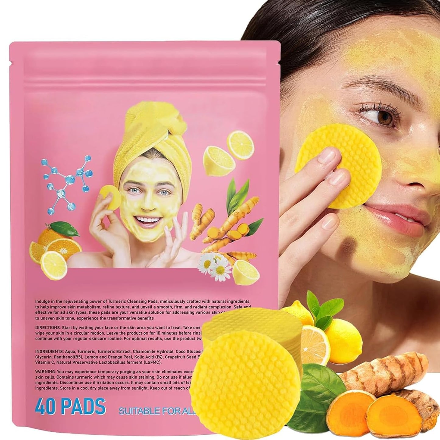 40 PCS Turmeric Kojic Acid Cleansing Pads,Turmeric and Kojic Acid Face Pads,Turmeric Kojic Acid Pads for Face