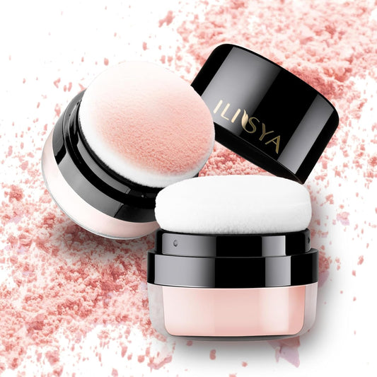 Setting Powder Lightweight Loose Powder Finishing Powder Long-Lasting Face Powder Waterproof with Soft Mushroom Powder Puff & Mirror, Shimmery Finish (Soft Pink/Shimmering)-2 Boxes