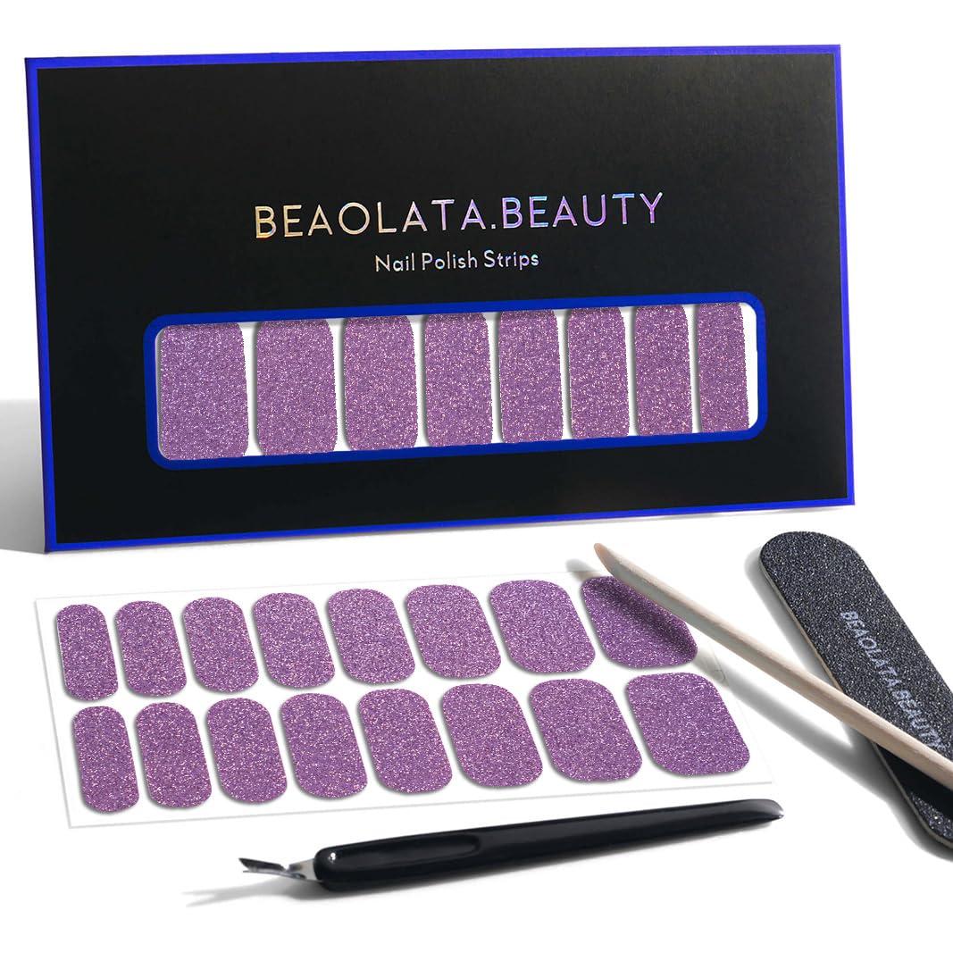 Nail Polish Strips, 32PCS Salon Quality Wraps, Long Lasting Gel Nail Stickers for Women Easy Apply& Remove (Gleaming Glitter Violet)