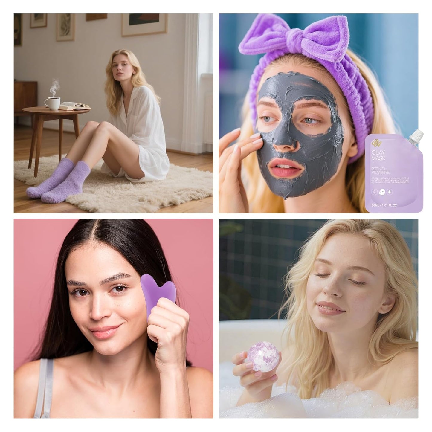 Lavender Face Sheet Mask Pack, 55Pcs Skin Care Kit for Women, Overnight Collagen Mask, Gel Lip Mask, Clay Mask, Hyaluronic Acid Face Serum, Spa Headband, Beauty Care, Christmas, Birthday, Mother Day