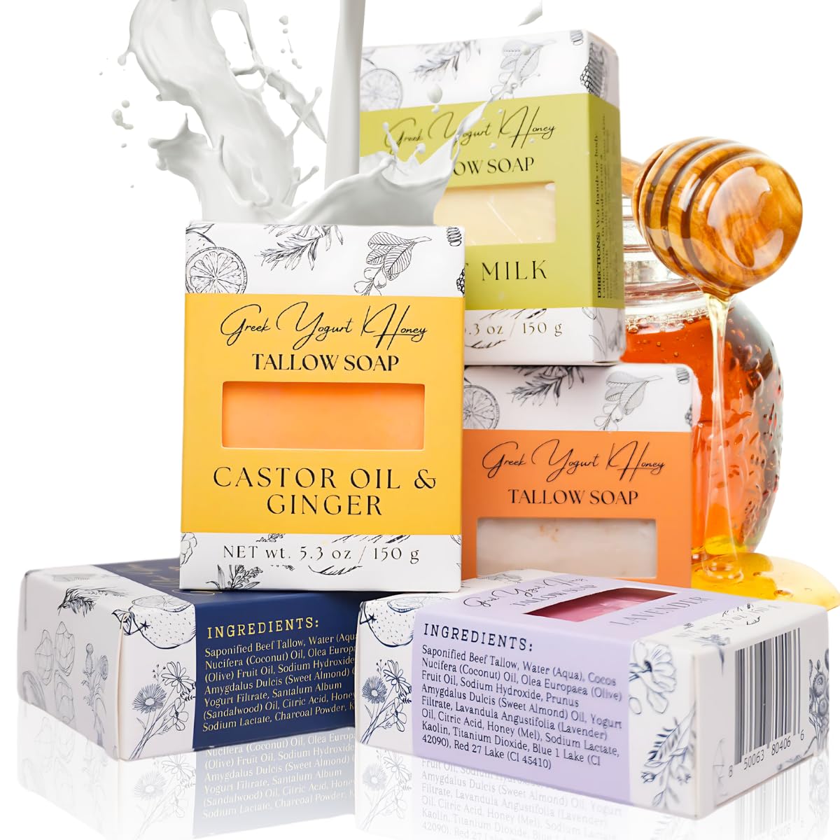 Greek Yogurt & Honey Tallow Soap Bar - Cold pressed handmade natural soap bars for face & body | Charcoal, Lavender, Oat & Honey, Castor Oil & Ginger, Goat Milk for Men and Women, 5 oz (pack of 5)