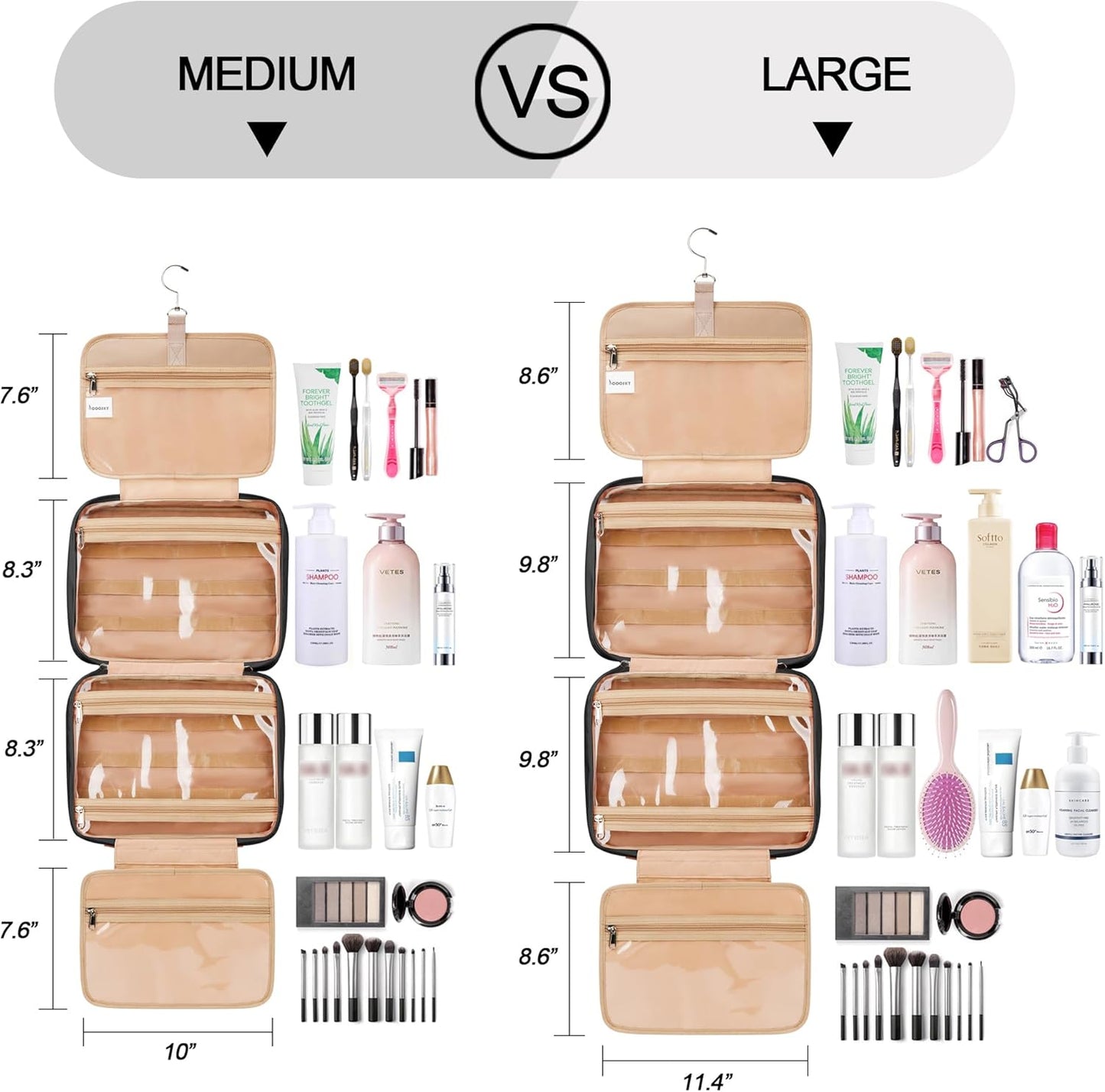Travel Hanging Toiletry Bag for Women, with Jewelry Organizer Compartment, Medium Waterproof Hanging Makeup Accessories, Cosmetic Essentials, Toiletries Dopp Kit Set with Trolley Belt, Black