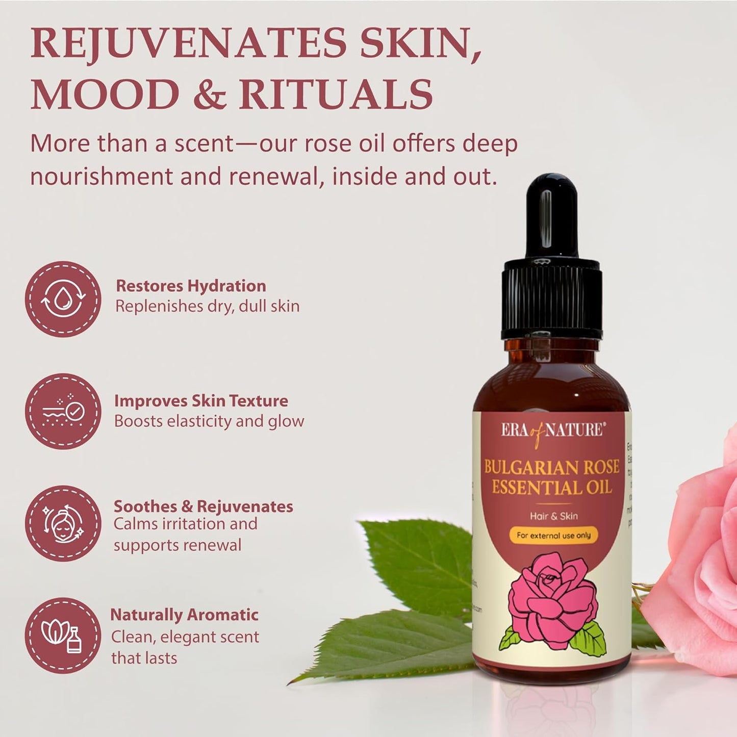 Era of Nature Bulgarian Rose Essential Oil - 100% Pure Rose Oil for Skincare, Hair, Diffusers & DIY Projects. Rich, Skin Care Body, Face and Stretch Marks Removal Cleanser, Perfume Oil - 1oz
