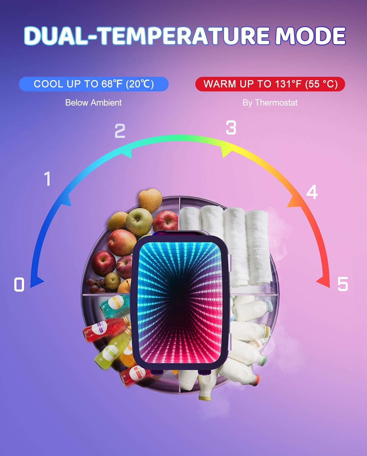 MF01C Mini Fridge, 7 Light Modes With Running Light Mode, 4 Liter/6 Cans, Quiet Cooling & Retention Function, AC/DC Power, Gaming Mini Fridge for Bedrooms, Office and Car