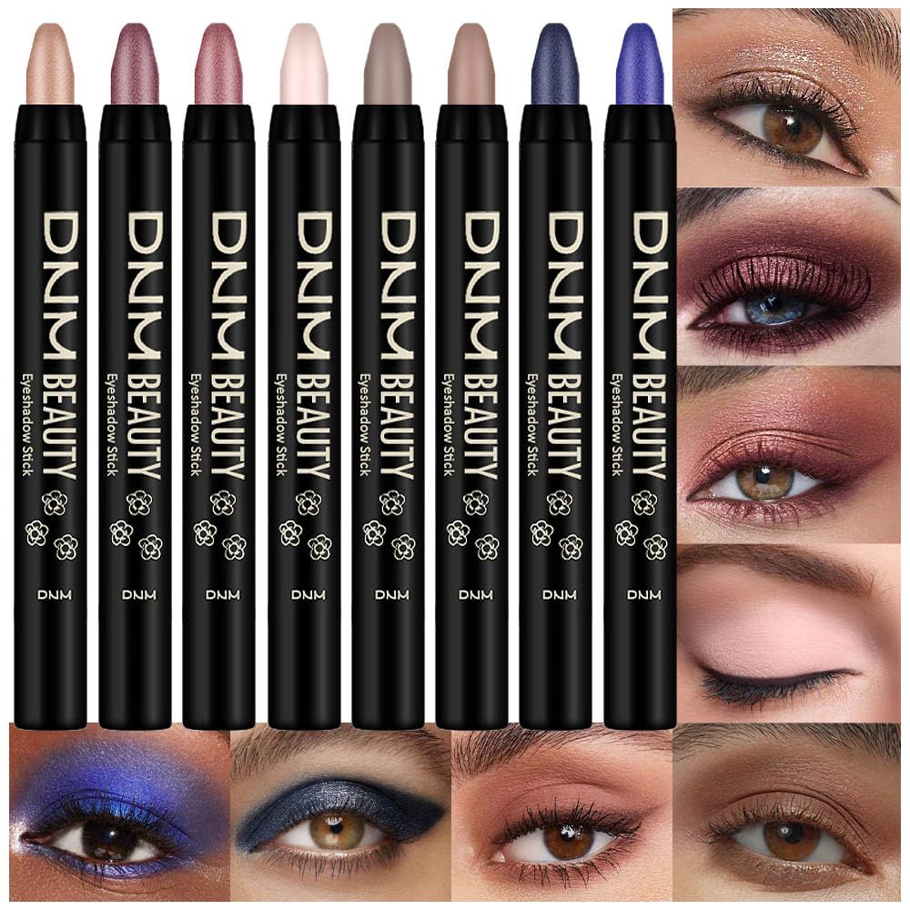 evpct 8Pcs Cream Eye Shadow Brightener Sticks Set for Eyes, Sand Orchid Rose Desert Ginger Caramel Midnight blue Blue Glitter Shimmer Matte Liquid Pencil Eye shadow Applicator Stick Palette Makeup 04