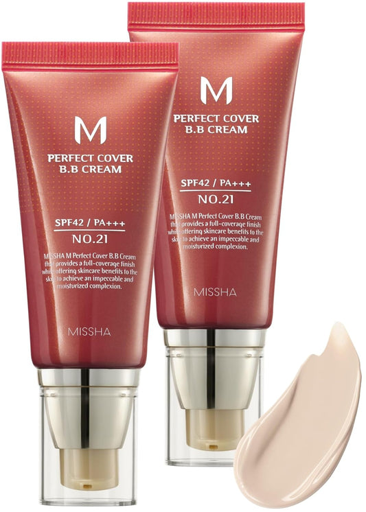 MISSHA M Perfect BB Cream No.21 (2 Pack) Light Beige for Bright Skin SPF 42 PA +++ 1.69 Fl Oz - Tinted Moisturizer for face with SPF