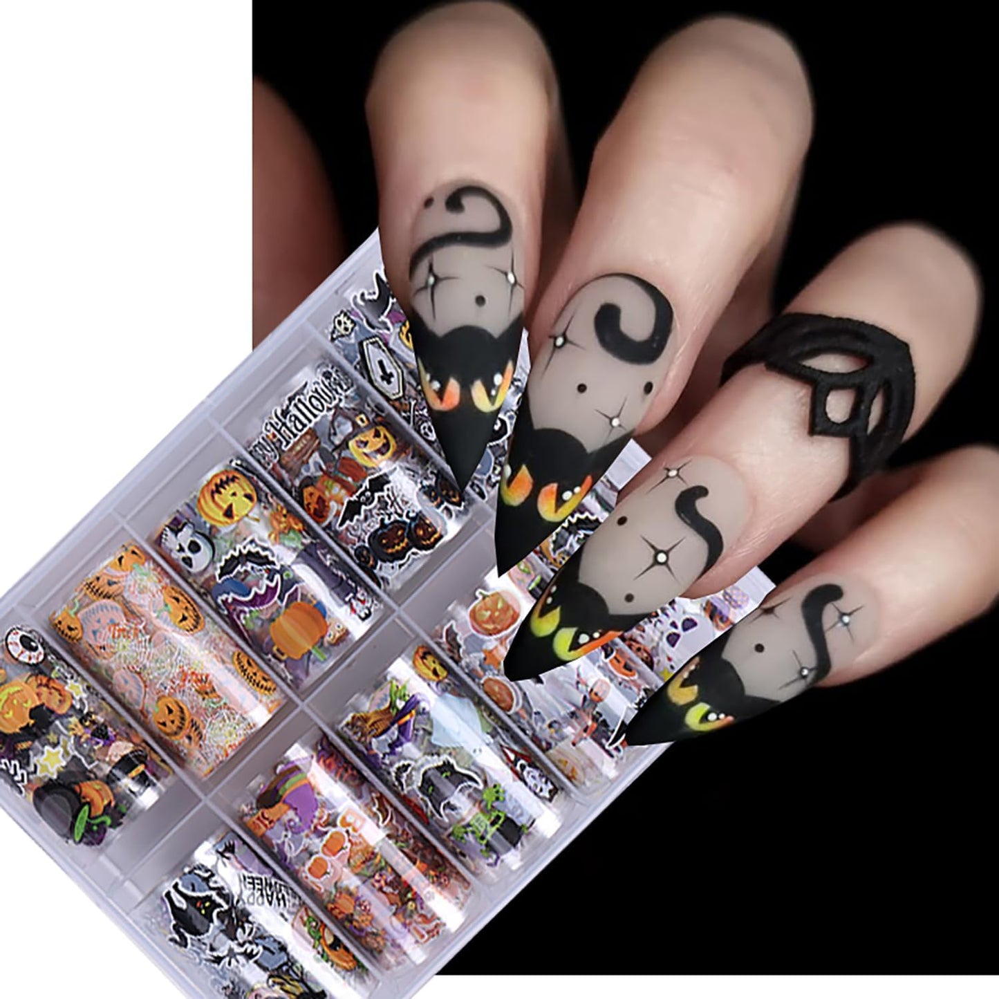 10 Rolls Halloween Nail Transfer Foil Stickers Set Halloween Theme Nail Art Foils Decals Cartoon Design Nail Foil Transfers Pumpkin Bat Ghost Skull Cat Nail Decorations for Women Manicure Supplies