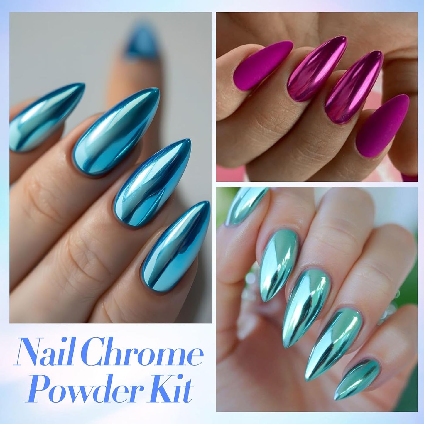 Born Pretty Mirror Chrome Nail Powder Set, 12 Colors Metallic Mirror Effect Nail Powder Gold Silver Rose Gold Red Blue Holographic Aurora Chameleon Pigment for Nail Art Gel Polish Decoration Sets