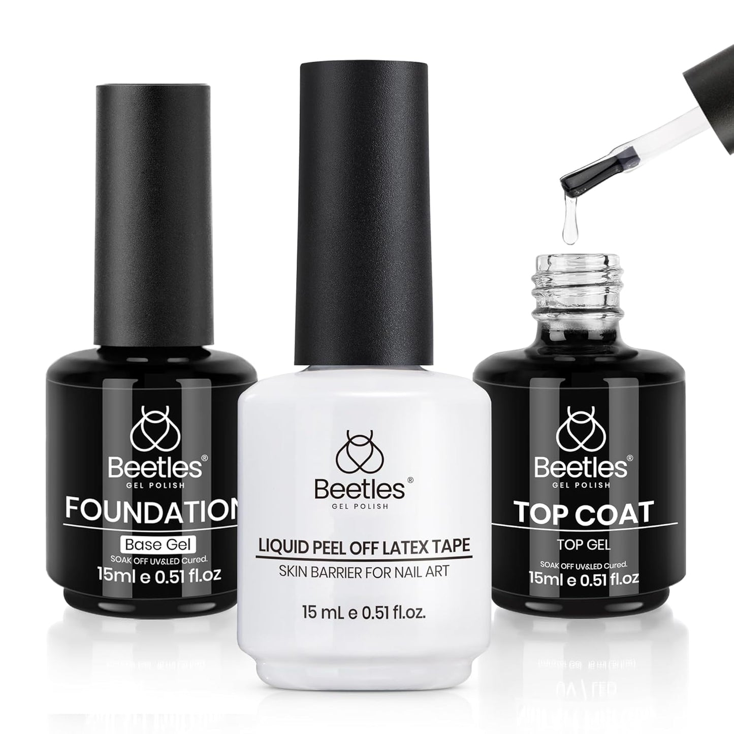 Beetles 3Pcs 15ml Gel Polish Top Coat Base Coat and Liquid Peel Off Latex Set No Wipe Base Top Coat Soak Off Uv LED Nail Lamp Finish Nails Cuticle Guard Nail Art Design Manicure Kit Nail Shine Gifts