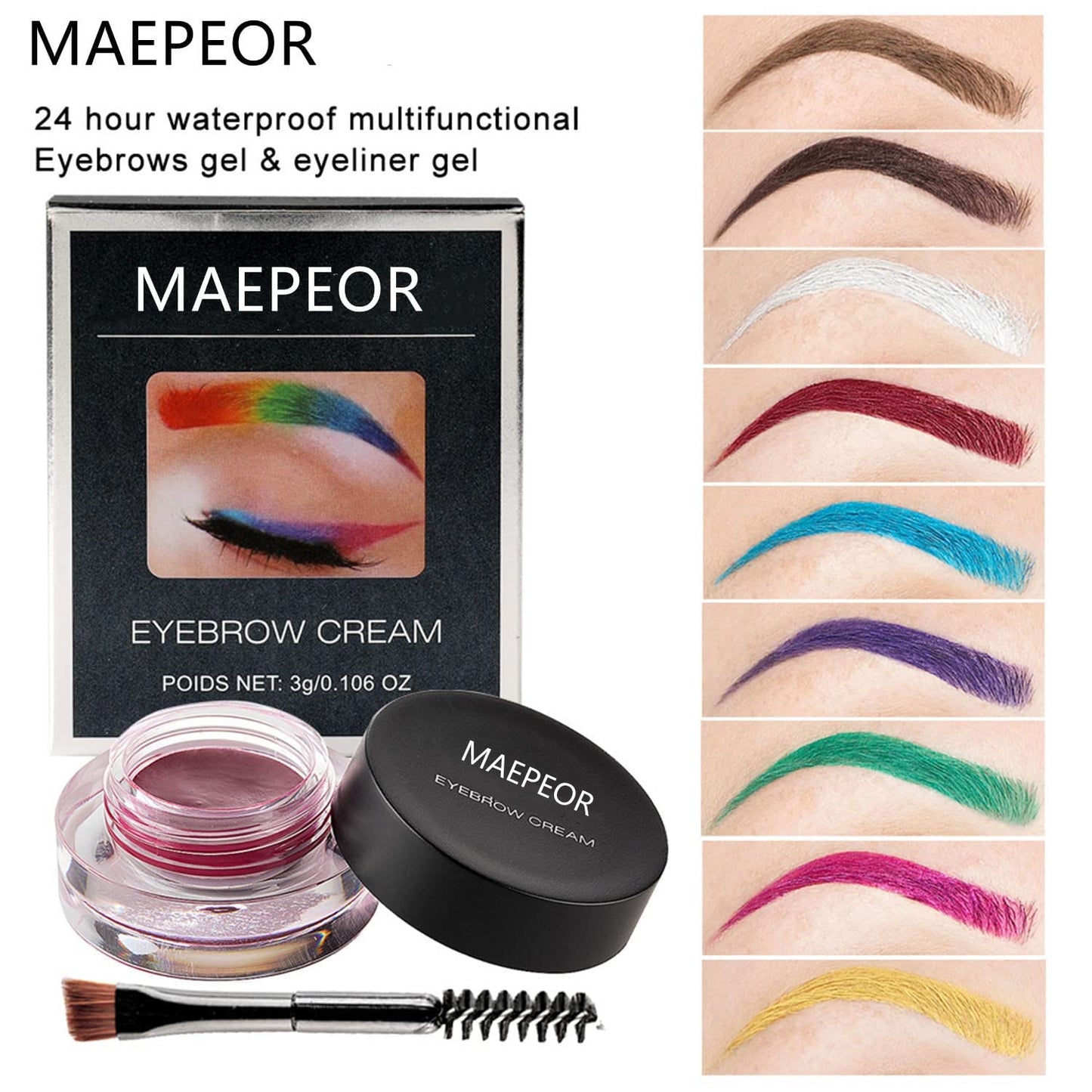 MAEPEOR 12 Colors Eyebrow Pomade Full-pigmented Long Lasting Waterproof Eyebrow Cream Gel Filling & Shaping Tinted Eyebrows Enhancers with Brush for Daily or Cosplay (04 Black)