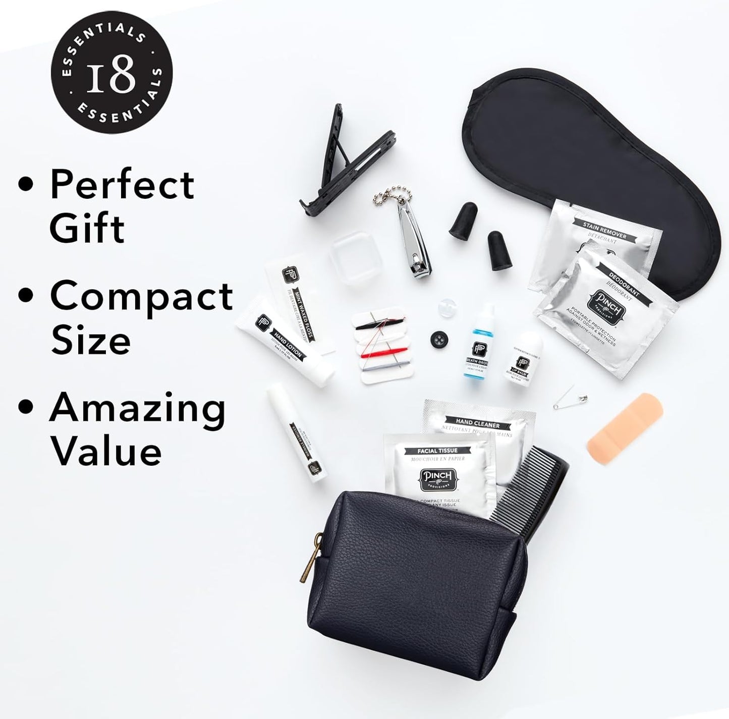 Pinch Provisions Travel Kit, includes 18 Must-Have Emergency Essential Items for Travelling, Ideal Road Trip or Airport Gift for Friends, Family & Peers, Portable Pouch