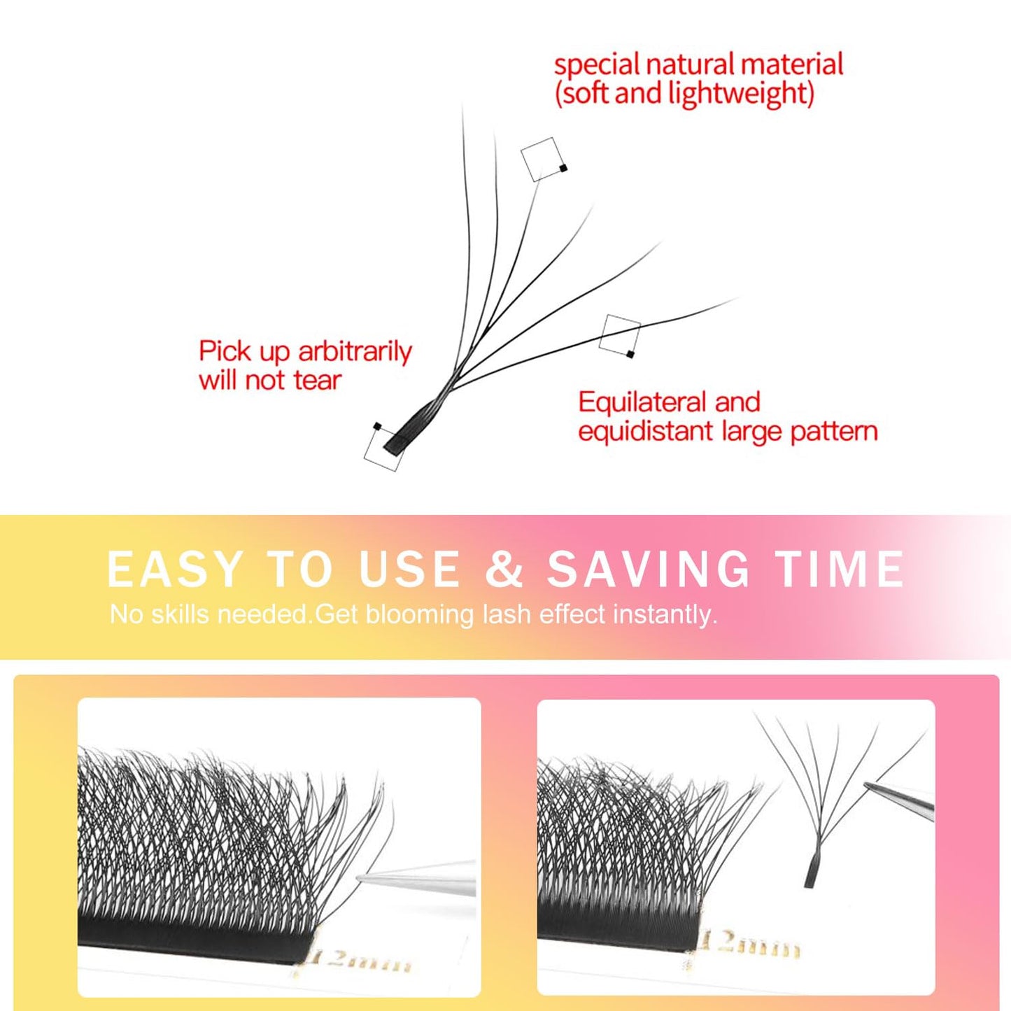 W Lash Extensions Supplies 6D Eyelash Extensions W Shape 0.07mm Thickness C Curl 12mm Premade Fans Easy Fan Lashes Volume Matte Black 12 Rows Crisscross Eye Lashes(W-6D-0.07-C,12mm)