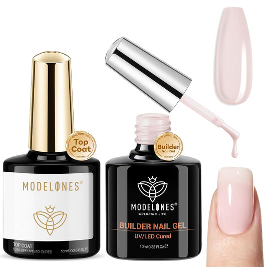 modelones Builder Nail Gel with Gel Top Coat, 8-In-One Cover Nude Builder Acid Free Top Coat for Nail Thickening Apex Building Rubber Color Base Polish Shine Finish, LED Lamp Cured 10ml Home DIY Salon